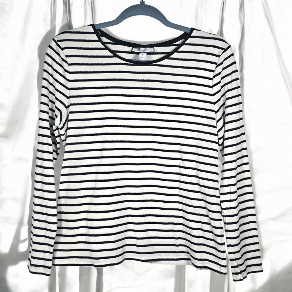 Charter Club Top Woman L Perfectly Soft Pima Cotton Striped Long Sleeve Metallic